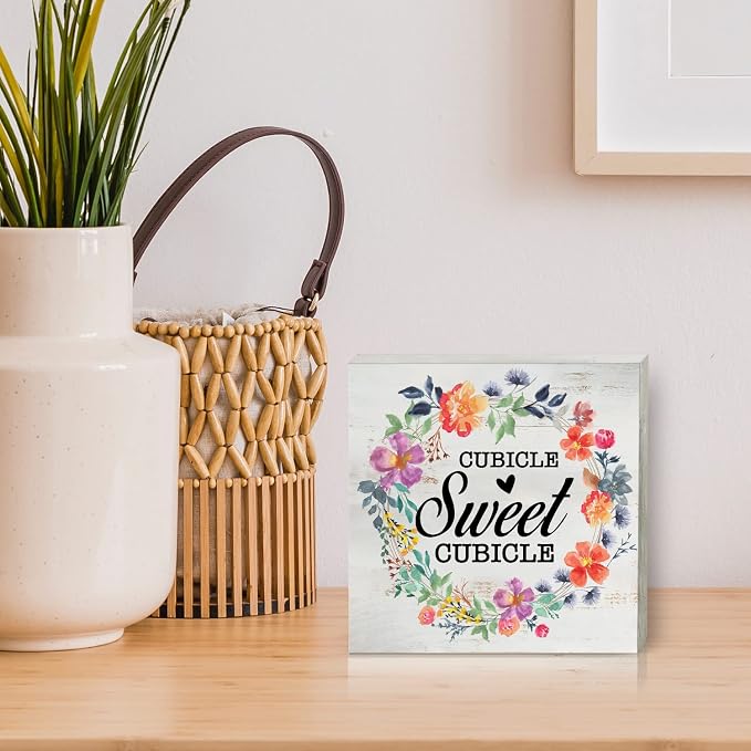 Cubicle Sweet Cubicle Wood Box Sign Decor Rustic Funny Office Space Wooden Box Sign Block Plaque for Wall Tabletop Desk Home Office Decoration 5" x 5", Coworker Gift - Image 5