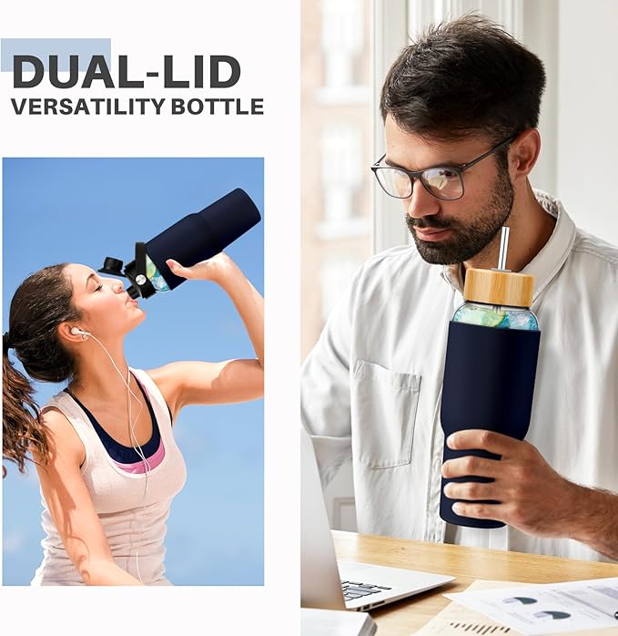 PROBTTL Glass Water Bottles 32 oz, 1 Liter Glass Tumbler, Borosilicate Water Bottle with Straw, Silicone Sleeve, 2 Lids - Handle Spout & Bamboo Straw Lid, Fits Car Cup Holder