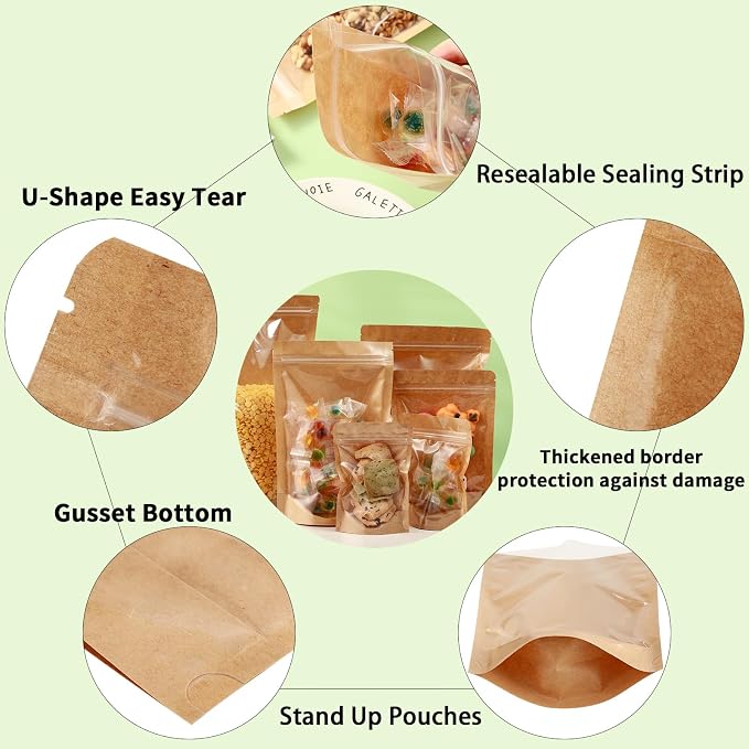 300 Pack Kraft Paper Bags with Clear Window 5x8 Reclosable Small Stand Up Mylar Bags for Food Storage Resealable Smell Proof Pouch, Edible Packaging, Reusable bags for Small Business - Image 8
