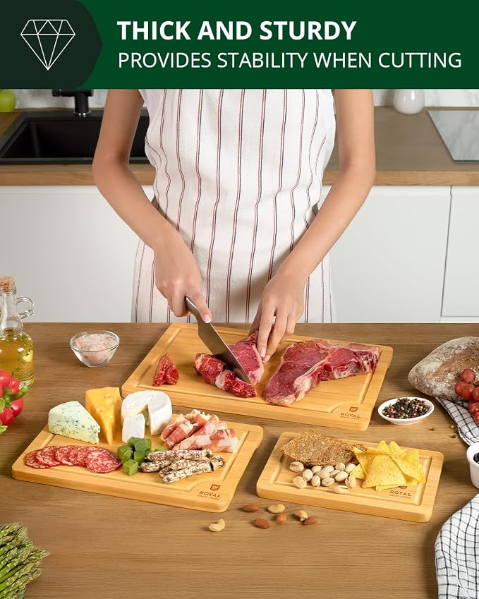 ROYAL CRAFT WOOD Wooden Cutting Boards for Kitchen Meal Prep & Serving - Bamboo Wood Serving Board Set with Deep Juice Groove Side Handles - Charcuterie & Chopping Butcher Block for Meat - Image 9