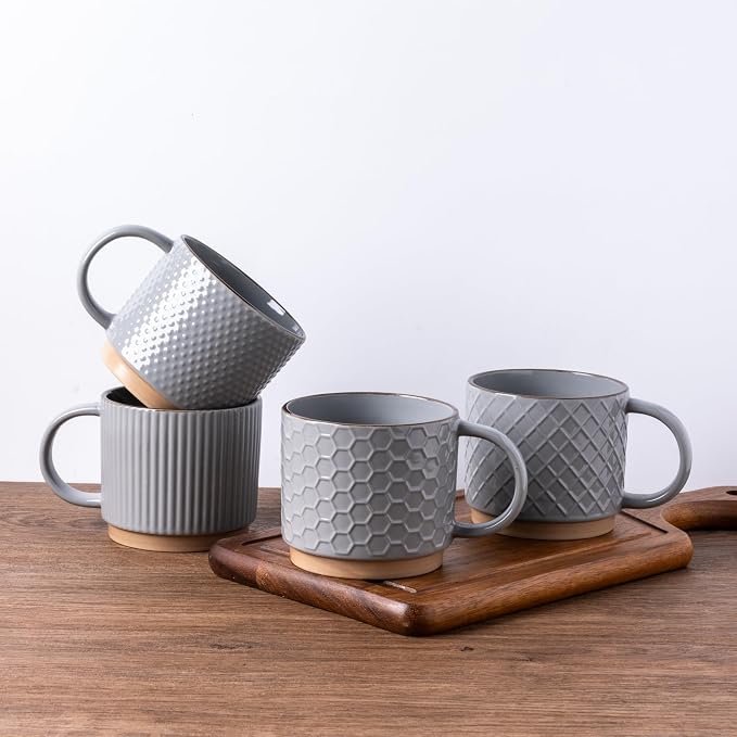 GBhome 15 OZ Stackable Coffee Mugs Set of 4, Ceramic Coffee Cups Set | 4 Assorted Designs, Embossed Mugs with Texture Patterns for Tea/Coffee, Dishwasher&Microwave Safe, Gray - Image 8