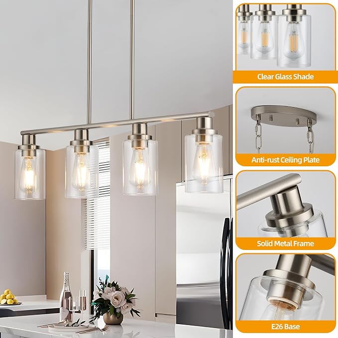 Kitchen Island Lighting, 4-Light Farmhouse Dining Room Light Fixtures Over Table, Linear Chandelier Pendant Lighting for Kitchen Island for Brushed Nickel Finish with Clear Glass Shade - Image 8