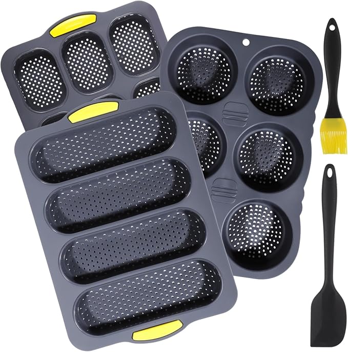OMISTAR Silicone Hamburger Bun Mold Set of 5-4 6 9 Cup Silicone Hamburger Bun and Baguette Pan with Scraper and Oil Brush,Nonstick Baking Tray Bread Pans for Homemade Bread Loaf Sandwich
