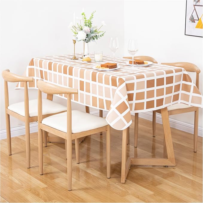 FIFTY FEET 70 * 52 Inch Rectangle Tablecloth, Vinyl Tablecloth with Flannel Backing for Rectangle Tables Waterproof, Plastic Picnic Table Cover for Dining Table/Buffet Parties/Camping(Brown Plaid) - Image 9