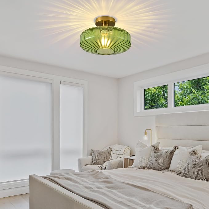 Semi Flush Mount Ceiling Light,11.8 Inch Vintage Green Glass Ceiling Light Fixture,Art Deco Kitchen Lighting Fixtures Ceiling for Hallway Porch Bedroom Bathroom Dining room,E26 Base(Bulb Not Included) - Image 9