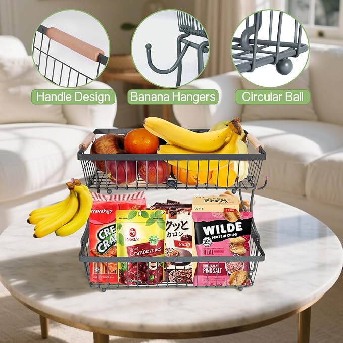 Fruit Basket Bowl 2 Tier Detachable with 2 Banana Hangers, Fruit Stand Holder for Kitchen Countertop, Metal Wire Vegetable Storage Organizer, for Bread Snack Veggies Produce, gray - Image 6