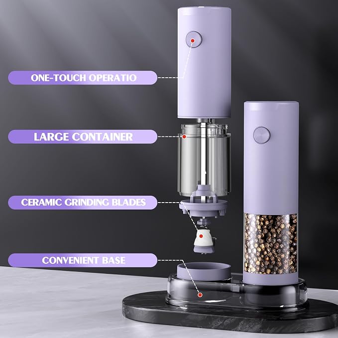 Salt and Pepper Grinder Set Gifts for Women Automatic Battery Purple Pepper Mill Shakers Kitchen Accessories Cooking for Mom, Adjustable Coarseness Salt Pepper Shakers White Elephant Gift - Image 7