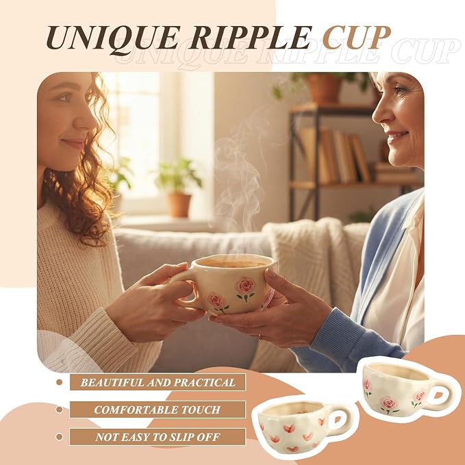 Vesici 2 Pcs Ceramic Coffee Mugs with Spoon, Vintage Floral Spring Mugs with Handle, 8.5 oz Aesthetic Flower Porcelain Tea Cup Set, Dishwasher & Microwave Safe Mothers Day Gifts for Mom(Heart,Rose) - Image 7