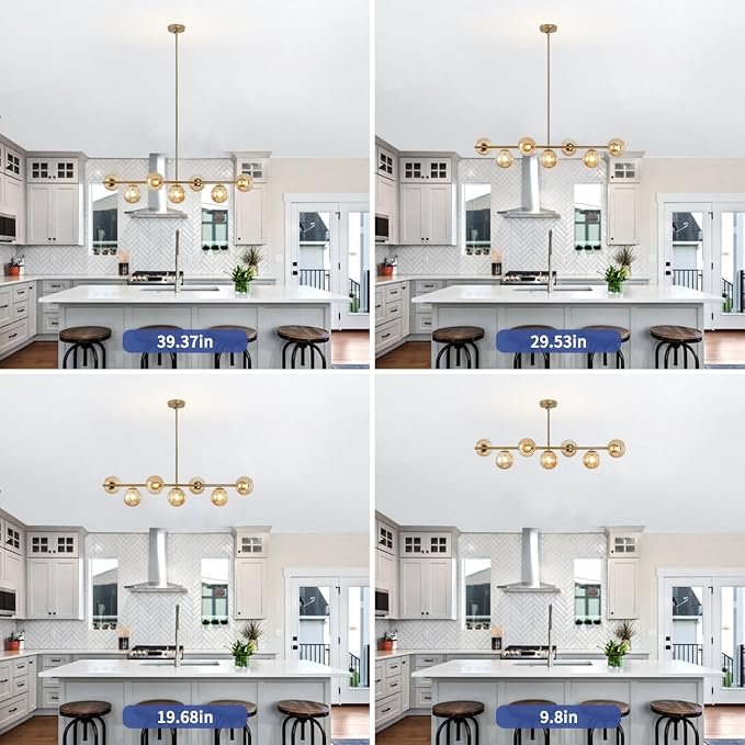 Modern Linear Sputnik Chandelier, Gold Pendant Light Fixture with 7 Amber Glass Globes for Dining Room Light Fixture, Kitchen Island Lighting, Living Room Chandelier, Bedroom, Foyer - Image 9