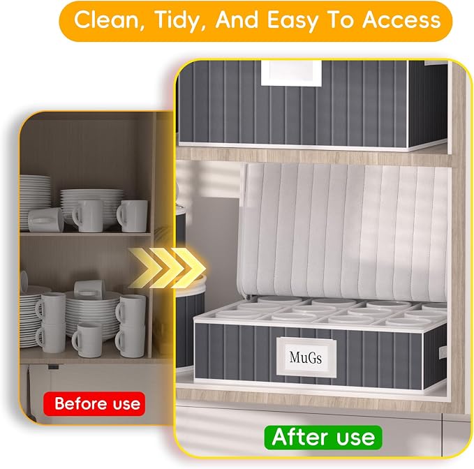 Mug and Cup Storage Box with Dividers - 2 Pack China Storage Bin Containers Holds 24 Glassware, Stackable Coffee Mug Organizer Bin and Tea Cup with 2 Metal Zipper,Label and Handles (Grey) - Image 8