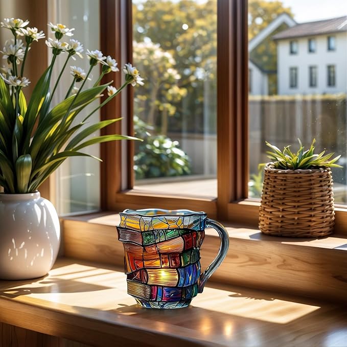 3D Painted Glass Mug Colorful Ceramic Coffee Cup 12oz, Hand-Painted Vintage Style Mug for Readers, Book Lovers, Women, Gift for Birthday or Office Use