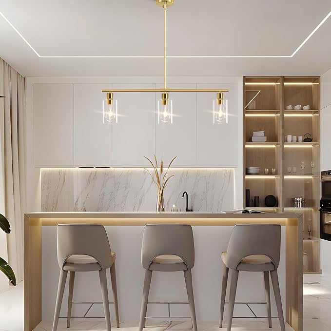 Kitchen Island Lighting, Linear Chandeliers Rectangle Pendant Light Fixtures for Dining Room Farmhouse Hanging Light with Glass Shades (Gold, 3 Lights) - Image 7