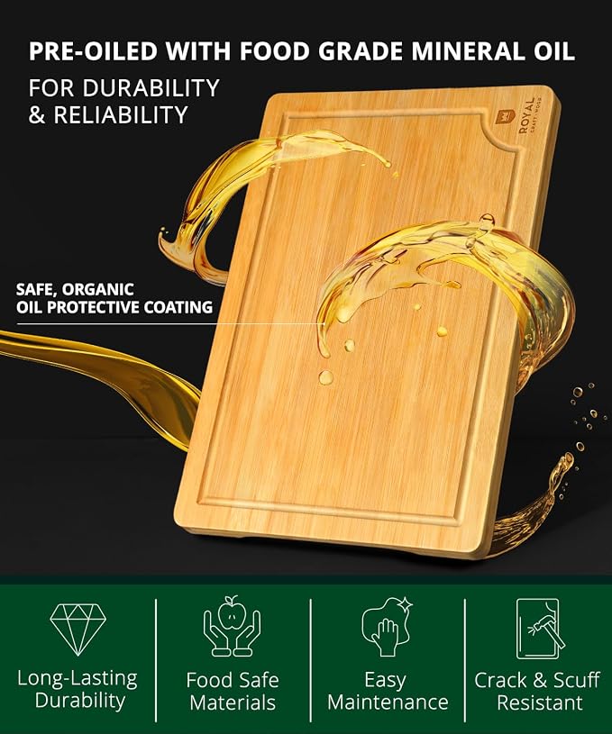 ROYAL CRAFT WOOD Wooden Cutting Boards for Kitchen Meal Prep & Serving - Bamboo Wood Serving Board Set with Deep Juice Groove Side Handles - Charcuterie & Chopping Butcher Block for Meat - Image 9