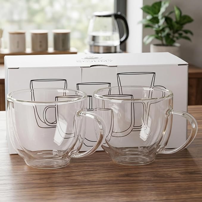 Double Wall Glass Coffee Mugs with Handle, 7.4 oz (220ml) Clear Insulated Espresso Cups for Cappuccino, Latte, Hot Tea & Cold Drinks, Microwave Safe Borosilicate Glassware, Set of 2 (6oz(2-pack)) - Image 7