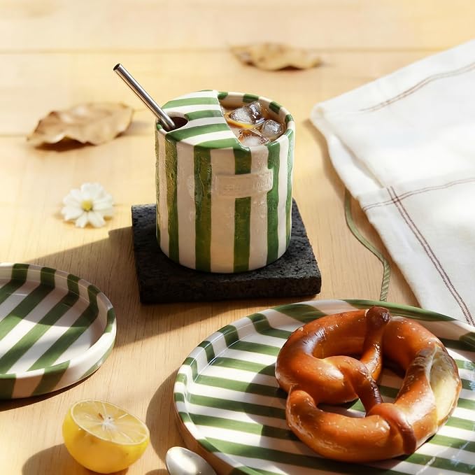 1 Pack Ceramic Coffee Mug with Sip Hole Espresso Cup 10oz with Straws Retro Hand Painted Striped Ceramic Iced Coffee Tea Travel Mug Latte Cup for Kitchen Dining (Simple,Green) - Image 7