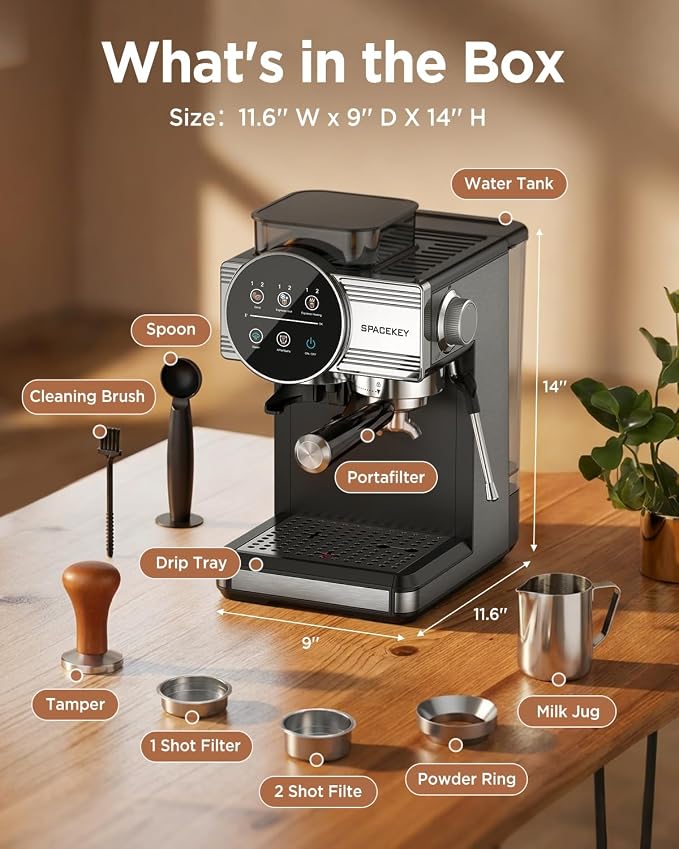 Spacekey Espresso Coffee Machine with Grinder, Milk Frother, Cold Brew, 20 Bar | Coffee Maker with 30 Grind Settings, 60oz Removable Tank, Home Barista Kit for Lattes, Cappuccinos, Americano - Image 9