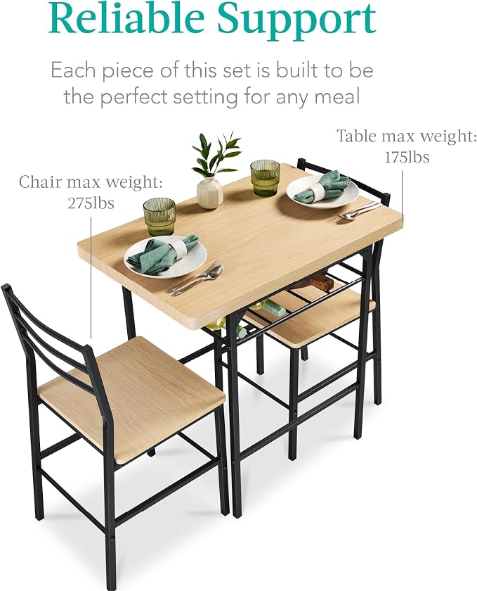 Best Choice Products 3-Piece Modern Dining Set, Space Saving Dinette for Kitchen, Dining Room, Small Space w/Steel Frame, Built-in Storage Rack - Natural/Black - Image 7