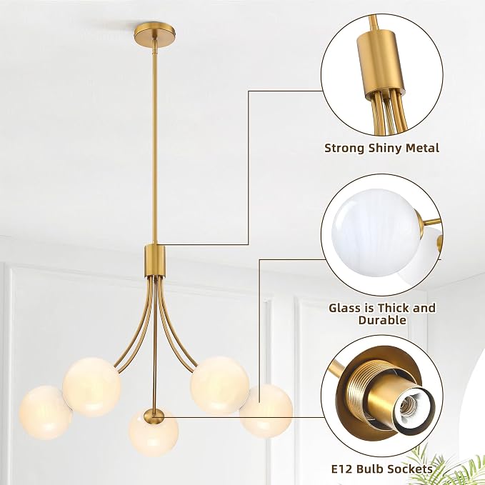 Bubble Chandelier, Modern Sputnik Dining Room 5-Light Chandelier with Gold Finish and Glass Globes for Kitchen Bedroom Foyer and Living Room - Image 9