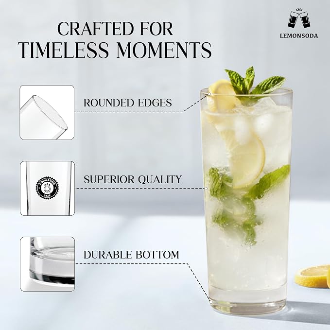 LEMONSODA Premium Highball 12oz/15oz Glass Sets - Elegant Tom Collins Glasses - Tall Water Drinking Glasses - Bar Glassware for Mojito, Whiskey, Cocktail (15oz, Set of 6) - Image 9