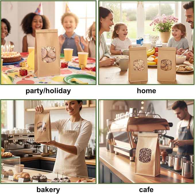 Moretoes 55pcs Medium Bakery Cookie Bags with Seal, 4.6x2.6x9.7In | Brown Kraft Paper Cookie Bags with Window, Seal by Tin Tie Tab, for Cookie Coffee Bread Bagel Bakery Gift Giving Packing - Image 7