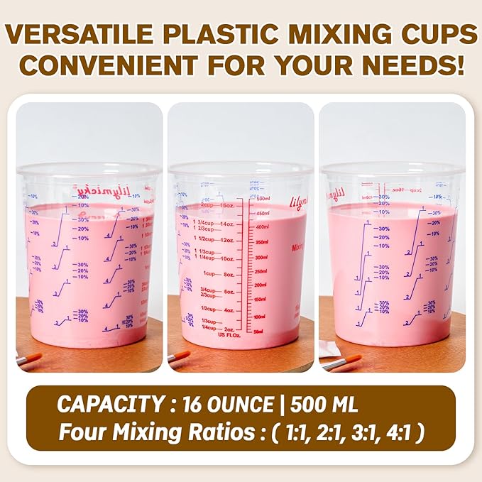 16 oz Plastic Mixing Cups, 100 Pack 16 oz (500ml) Disposable Measuring Cups with 100 Wooden Mixing Sticks, Can Be Used for Epoxy Resin, Liquid Measuring, Paint, Cooking and Baking