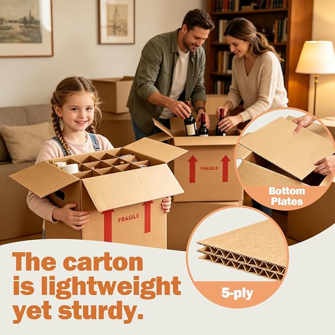 4 Sets Wine Boxes for Moving, 16 x 12 x 12 Inch Wine Bottle Moving Boxes with Reinforced Cardboard and Handles, Corrugated Boxes with Fragile Labels for Glassware, Moving, Packaging, Storage - Image 8