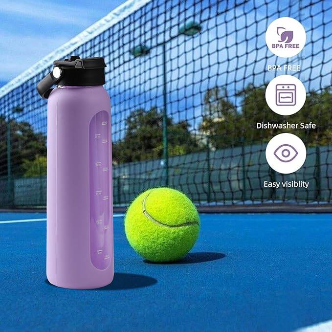 24 oz Glass Water Bottle with 2 Lids-Handle Straw Lid & Bamboo Lid,1 Liter Motivataional Tumbler Water Bottle Time Marker, Borosilicate Glass Water Bottles With Silicone Sleeve, Leakproof