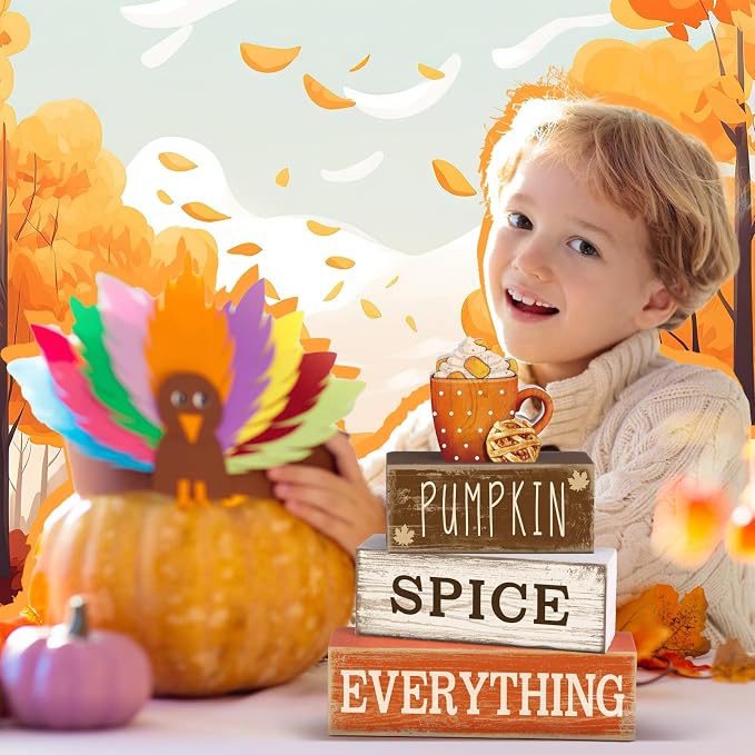 Moucuny 4 Pcs Thanksgiving Decorations for Home Fall Cup Decor Thanksgiving Table Centerpiece Fall Tiered Tray Decor Rustic Wooden Cup Block Sign Gift Farmhouse for Harvest Party Home Kitchen - Image 6