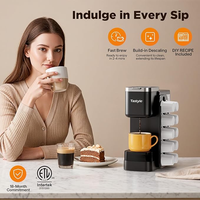 Tastyle Hot & Iced Coffee Maker with Magnetic K-Pod Holder, Fits 7.3'' Mug | Stores 10 Pods, for K Cup & Grounds, Compact for Home, Office & RV๏ผ Brew 6-24oz Coffee, 40 oz Removable Tank, K330CH, Black - Image 6