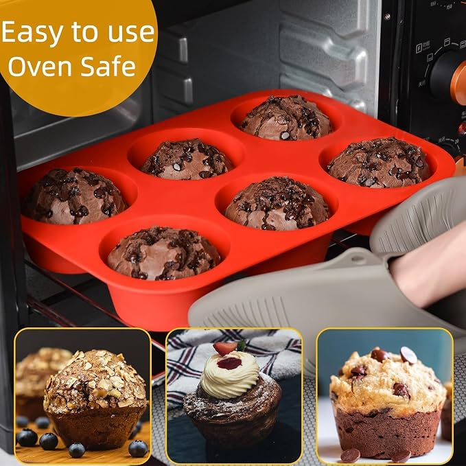 CAKETIME Silicone Jumbo Muffin Pan, 3.5 Inch Silicone Texas Muffin Pan 6 Cup Large Cupcake Pan Nonstick BPA Free Silicone Molds 2 Pack Red - Image 9