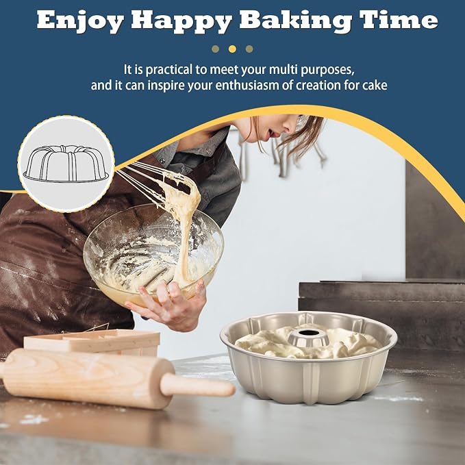 P&P CHEF 10 Inch Light Gold Non-stick Cake Pan, Carbon Steel, 1 Piece | Fluted Tube Round Baking Pan for Pound Cake, 10-Cup Large Capacity Bakeware, Healthy & Heavy Duty - Image 7