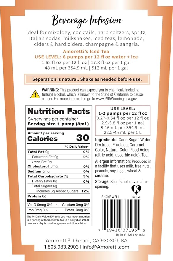 Amoretti - Iced Tea Beverage Infusion, 94 Servings Per Bottle (750 ml) - Drink Mix & Water Enhancer with Pump for Flavoring Cocktails, Waters, Teas, and other Beverages, Preservative Free