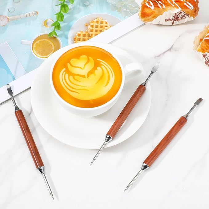 3PCS Latte Art Pen, Stainless Steel Dual-Ended Coffee Drawing Pen with Wood Handle Latte Art Tools Espresso Designs Barista Accessories Coffee Tool for Home Cafe Bar