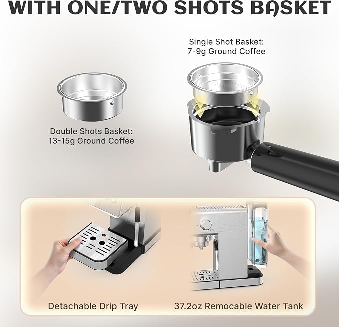 AYCHIRO 20 Bar Espresso Machine, Semi-Automatic Espresso Maker with Milk Frother Wand, Compact Stainless Steel Coffee Machine for Latte & Cappuccino, 37.2 oz Removable Water Tank - Image 8