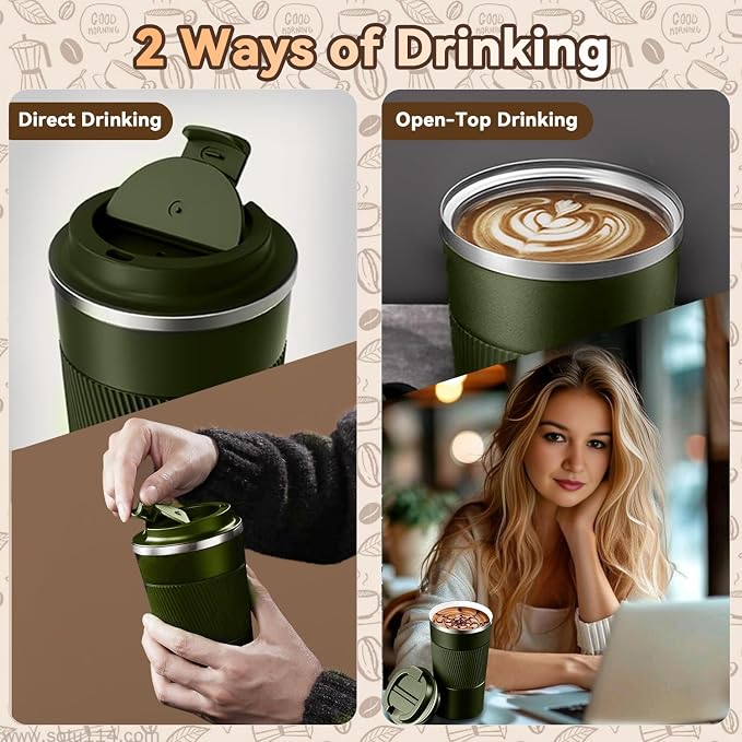 17OZ Travel Coffee Mug Insulated Coffee Cup with Spill Leak Proof Lid, Portable Stainless Steel Tumbler Reusable Hot and Cold Water Mug for Car, Daily, Camping- Military Green - Image 8