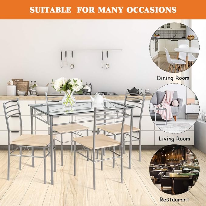 Giantex 5 Piece Dining Table Set, Kitchen Dining Set with Tempered Glass Table Top and 4 Chairs, Dinette Set for 4 for Breakfast Nook Dining Room Kitchen (Transparent) - Image 9