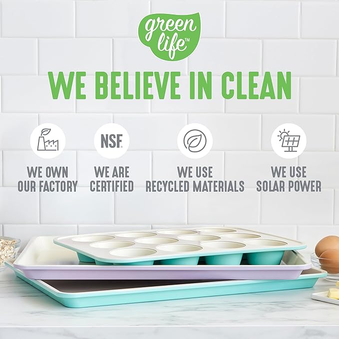 GreenLife 12-Cup Muffin Pan, Healthy Ceramic Nonstick Bakeware, PFOA & PFAS-Free Cupcake Sheet, Durable Baking Tray, Versatile Kitchen Essentials, Easy Clean Muffin Mold, Nonstick Baking Pan, 6 pack