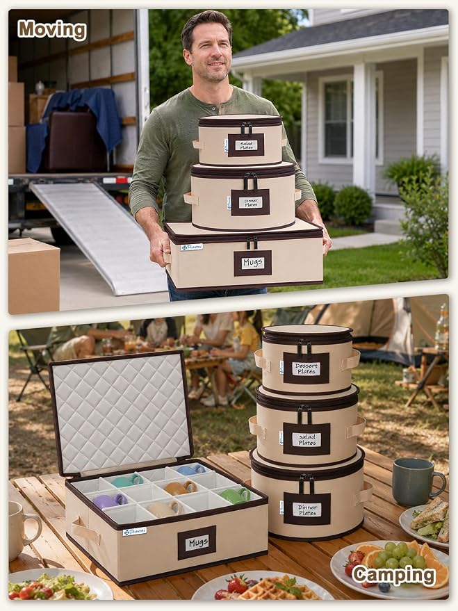 punemi 6-Piece Hard Shell China Storage Containers with Dividers, Stackable Dinnerware Storage Boxes for Plates, Mugs & Cup Organizer, Wine Glass Storage Boxes, Moving Boxes for Stemware, Beige - Image 8