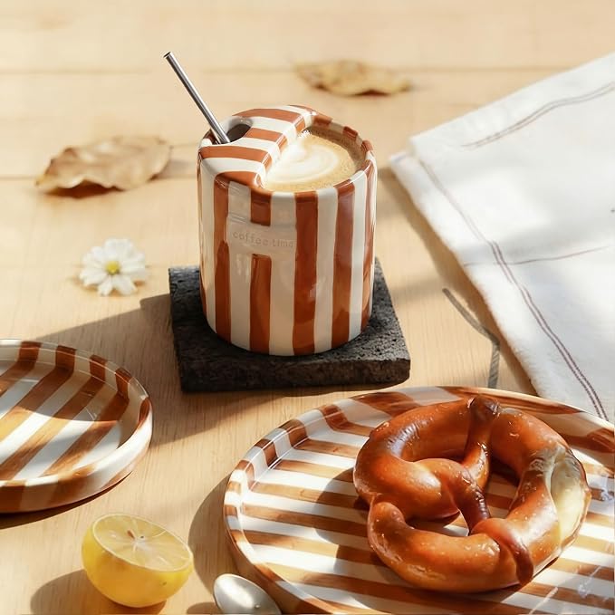 1 Pack Ceramic Coffee Mug with Sip Hole Espresso Cup 10oz with Straws Retro Hand Painted Striped Ceramic Iced Coffee Tea Travel Mug Latte Cup for Kitchen Dining (Simple,Brown) - Image 7