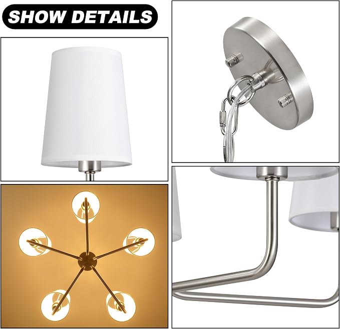 Modern Brushed Nickel 5-Light Chandelier, Farmhouse Industrial Dining Room Light Fixture Over Table with White Fabric Shade, Hanging Pendant Lighting for Kitchen Island Bedroom Living Room Entryway - Image 8
