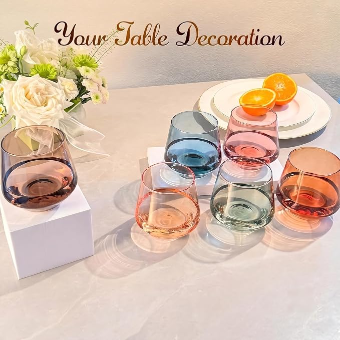 Stemless Wine Glasses Set 6【Colored Wine Glasses Stemless】 Multi Color Short Tumbler【14oz】 Colored Glassware for Wine or Soft Drinks,Unique Wine Gifts for Women Birthday Wedding - Image 7