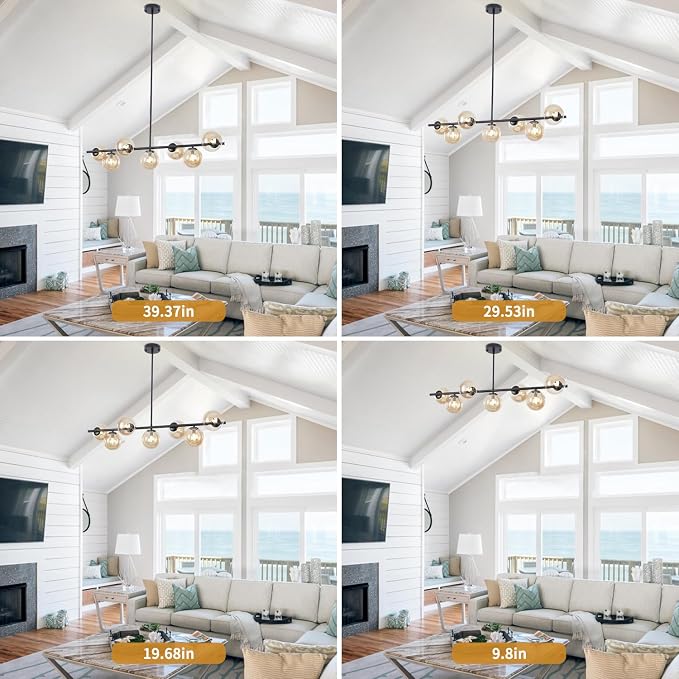 Mid Century Modern Linear Chandelier, 7-Light Black Pendant Light with Amber Glass Globes, Dimmable Kitchen Island Lighting Dining Room Light Fixtures Over Table for Living Room, Entryway & Bedroom - Image 9