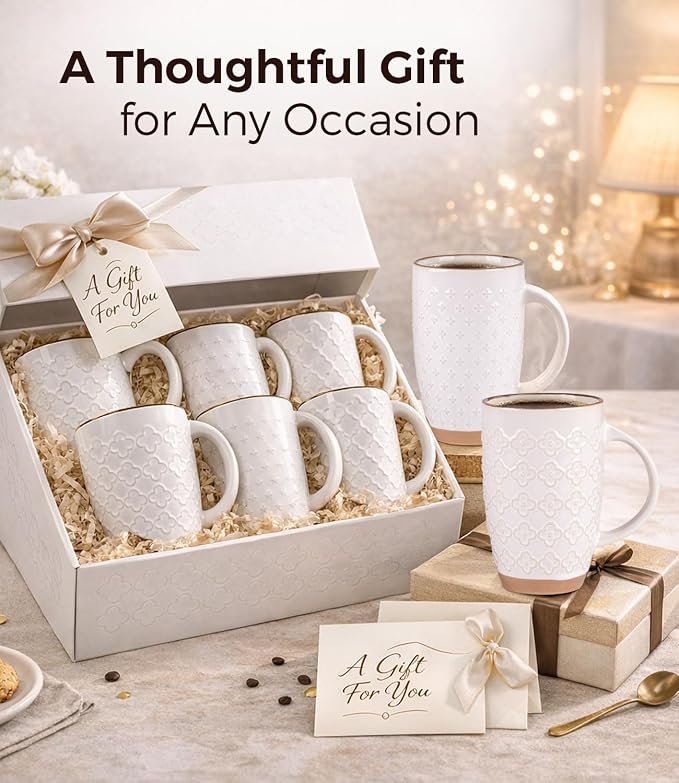 GBhome 20oz Large Coffee Mugs Set of 6, Handmade Tall Ceramic Coffee Mugs with Texture Patterns for Cappuccino, Latte,Hot Cocoa, Dishwasher & Microwave Safe-Off White - Image 8