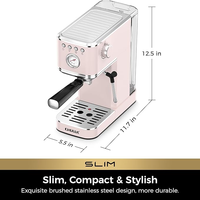 CHULUX Slim Espresso Machine with Milk Frother Steam Wand, 20 Bar Professional Italian Pump Espresso Coffee Machine for Home Cappuccino & Latte Maker, Pink