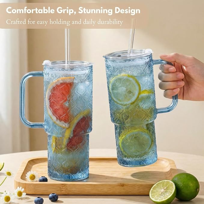 20 oz Blue Glass Tumbler with Lid and Straw, Glass Iced Coffee Cups, Spill-proof Glasses Tumbler with Handle, Hobnail Glasses Drinking Set of 2, Vintage Glassware for Cocktail, Smoothies - Image 9