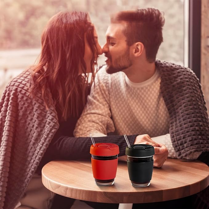 On The Go Coffee Mug Glass – 12oz Reusable Tumbler with Leak-Proof Lid & Silicone Sleeve, Ideal Travel Cup for Hot or Iced Coffee, BPA-Free