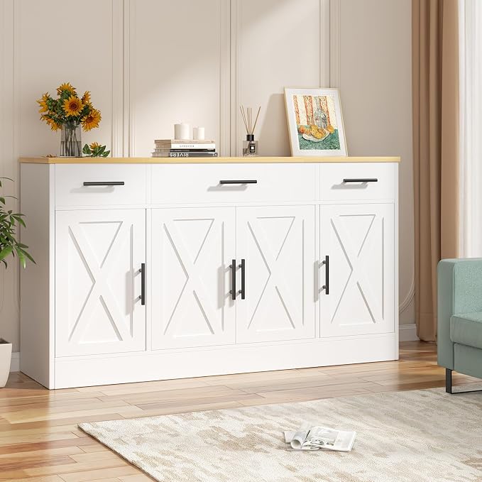 Vongrasig 53” Sideboard Buffet Cabinet with with Storage | Large Farmhouse Coffee Bar Cabinet with 4 Doors and 3 Drawers for Kitchen, Living Room, White - Image 7