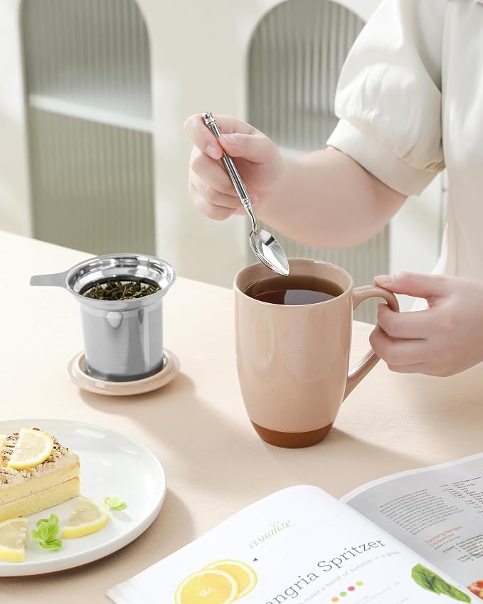 MALACASA Ceramic Tea Mug with Lid and Stainless Steel Infuser, 18 oz Large Tea Cup for Loose Leaf Tea, Heat-Resistant, Microwave & Dishwasher Safe, Speckled Glaze Coffee & Tea Brewer Mug, Khaki Pink - Image 9