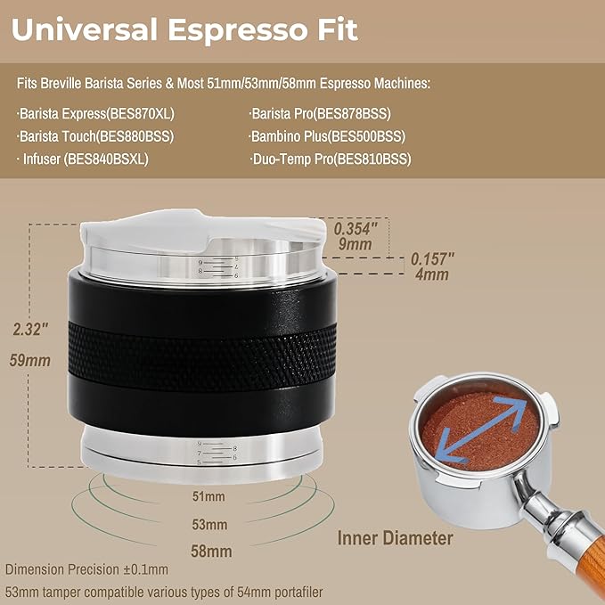 51mm Coffee Distributor & Tamper - Dual Head Adjustable Depth for Breville Barista Pro/Express/Touch - 304 Stainless Steel Coffee Leveler and Hand Tamper, Black