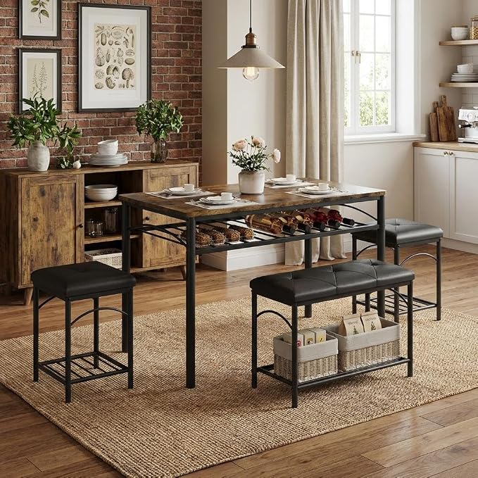 GarveeHome Dining Table Set for 4 with Upholstered Benches and 2 Stools, Modern Space Saving Kitchen Breakfast Table, Ideal for Small Kitchens, Apartments, Studios, and Compact Living Spaces - Image 9